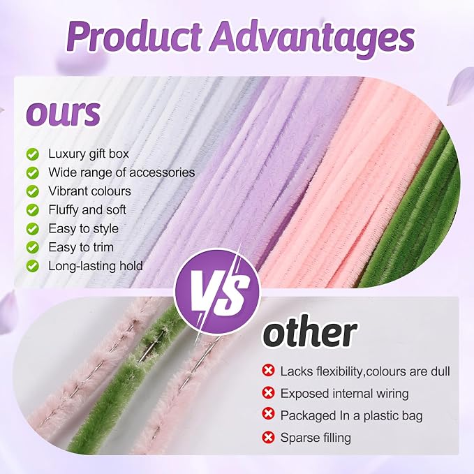 OneAmg 800PCS Pipe Cleaners Craft Kit with 14 Colors，DIY Flowers Making Set | Chenille Stems for DIY Flower Making Kit with Instructions,Floral Wires,Stamen& Ribbon,Art and Craft Supplies