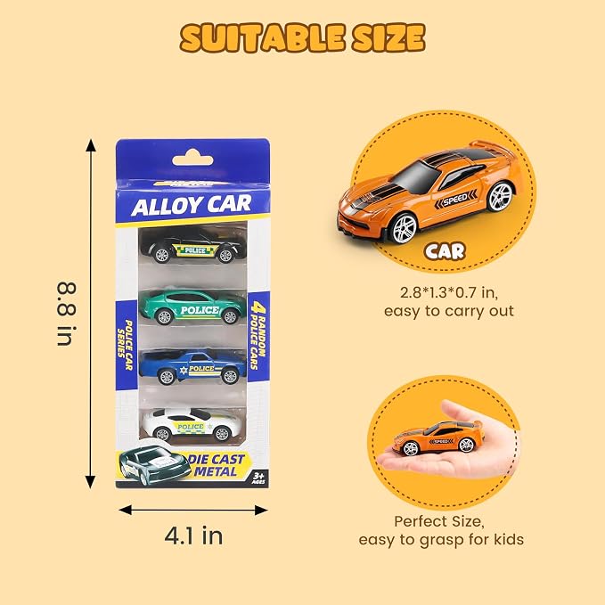 Die Cast Pull Back Toy Cars, 4 Pack 1:64 Mini Cars with (Middle) | 4 pull-back die-cast mini cars with a portable storage case for racing, collecting, sharing, and travel play.