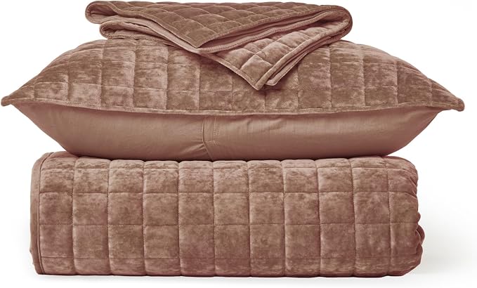 RECYCO Luxury Velvet Quilt King Size Bedding Set, Ultra Soft Velvet Comforter Set, Lightweight Quilted Channel Box Stitch Oversized Bedspread Coverlet for All Season, with 2 Shams, Terracotta Clay