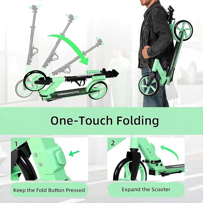 Foldable Kick Scooter for Kids Ages 6-12, Teens & Adults. Non-Electric Scooter with Big Wheels, Adjustable Height, Rear Foot Brake. Lightweight Design for Daily Commute & Outdoor Riding