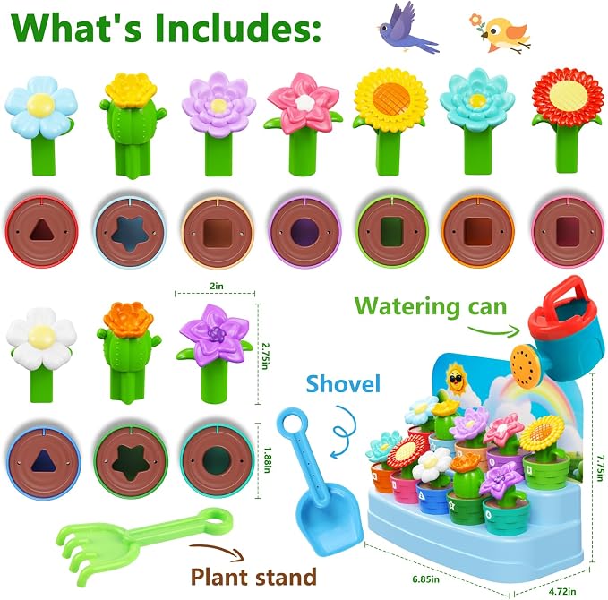 Montessori Toys for 1-2 year old, Toddlers Outdoor & Indoor Gardening Toys with Watering Can, Shovel, Rake, Color & Shape Sorting Educational Learning Toys Easter Gift for Girls Boys Age 1 2 3 4