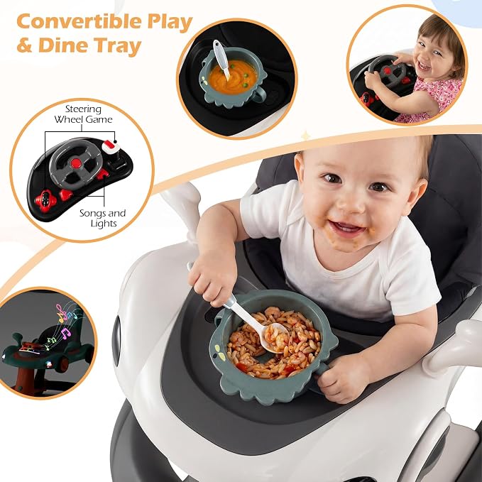INFANS 6-in-1 Foldable Baby Walker, Converts Push Car to Bouncer, Rocker with Music, Lights, Adjustable Height & Speed, Activity Center, Canopy for 7-18 Months (Gray White)
