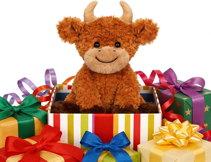 Hopearl Adorable Plush Highland Cow Toy Floppy Soft Kawaii Stuffed Animal Cute Birthday Holiday Gift for Boys Girls Kids Toddlers, Brown, 10''