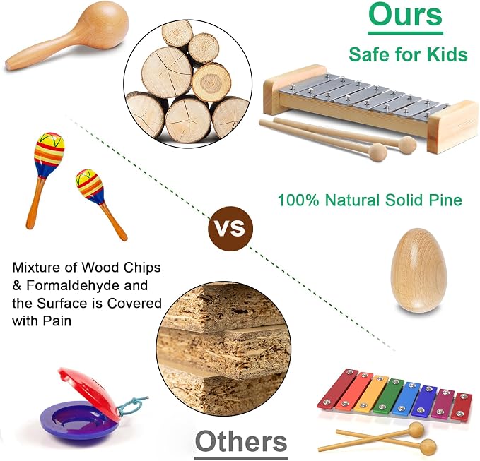 LOOIKOOS Toddler Musical Instruments International Natural Wooden Music Set for Toddlers and Kids - Eco Friendly Preschool Educational Musical Toys with Storage Bag