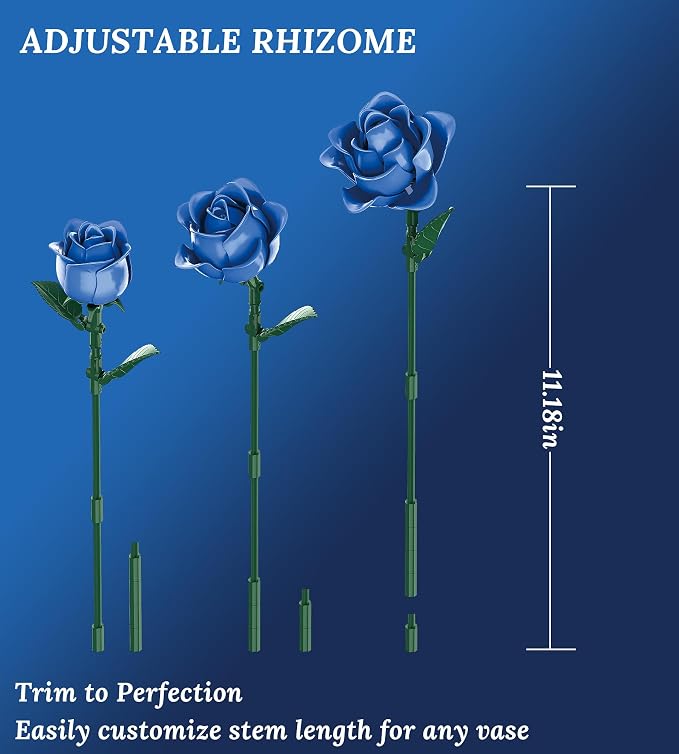 Blue Roses Flower Bouquet Building Set, Compatible with Lego Flowers, Artificial Flowers Botanical Collection Gift for Halloween Gothic Retro Home Decor