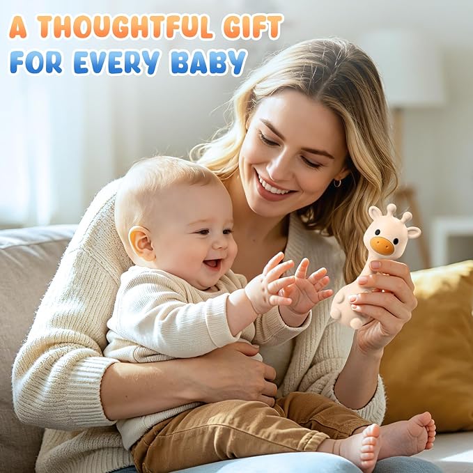 Baby Teething with Rattle Toys 3-6 6-12 Months, BPA Free Silicone Baby Teether, Infant Chew Toys for Teething Relief, Baby Gifts for Newborn Boys Girls, Easy-Grip, Beige