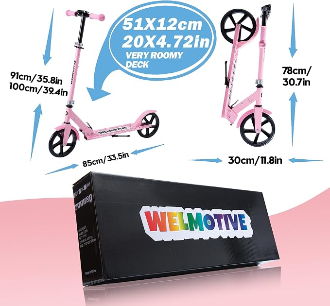Kick Scooter for Kids Ages 6+, Teens & Adults, Adjustable Handlebars, Rear Brake, Big Wheel Foldable Scooter for Indoor & Outdoor