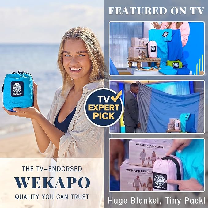 WEKAPO Beach Blanket Sandproof Waterproof, Extra Large Beach Mat, Oversized & Compact Sand Free, Quick Drying Beach Essentials for Vacation, Cruise, Picnic & Camping with Stakes