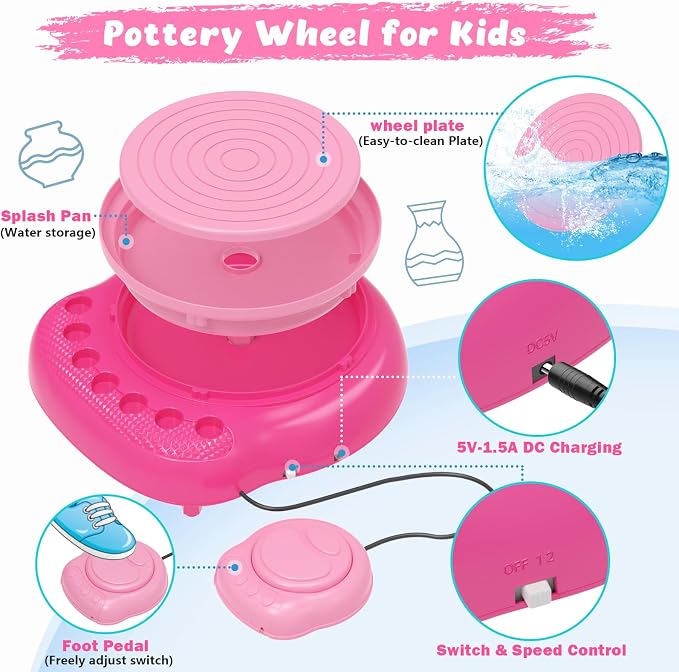 Pottery Wheel for Kids with Complete Clay Kit,Beginner Pottery Painting Set with Air Dry Clay,12 Paints,Sculpting Tools,Apron and Guide,Arts and Crafts Christmas Birthday Gift for Girls Boys Ages 6-12