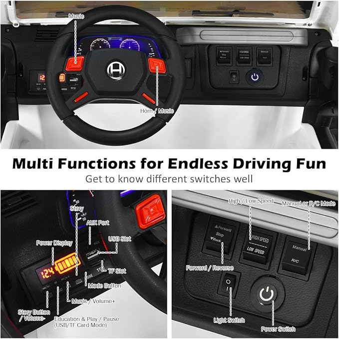 Costzon 2-Seater Ride on Truck, 12V Battery Powered Electric Vehicle Toy w/Storage, Remote Control, 3 Speed, LED Lights, MP3, Horn, Music, 2 Doors Open, Spring Suspension, Ride on Car for Kids(White)