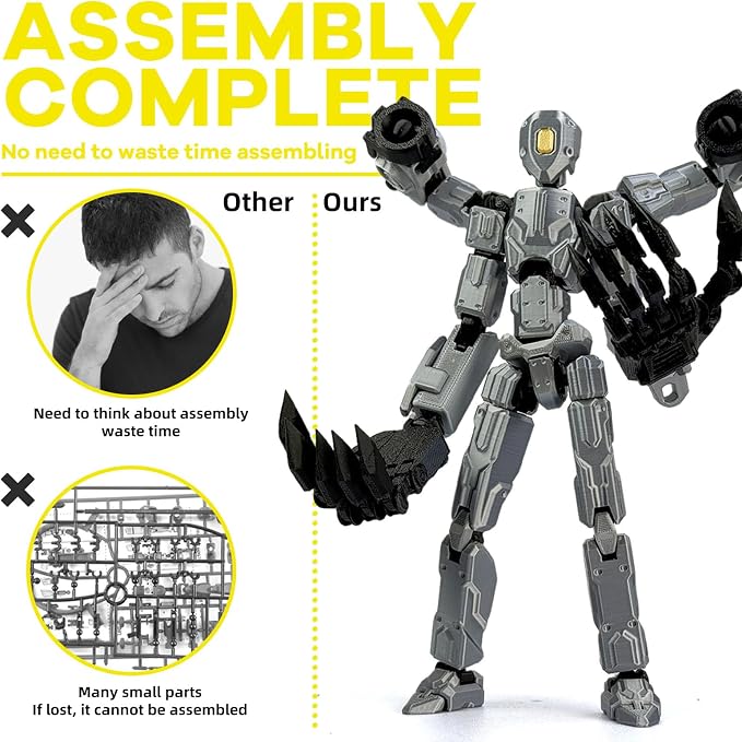 T13 Assembly Completed Action Figure Set, Multi-Jointed Movable 3D Printed Robot Toy, Cool Desktop Decoration Collectible Gift for Game Lovers (Gery and Gold)