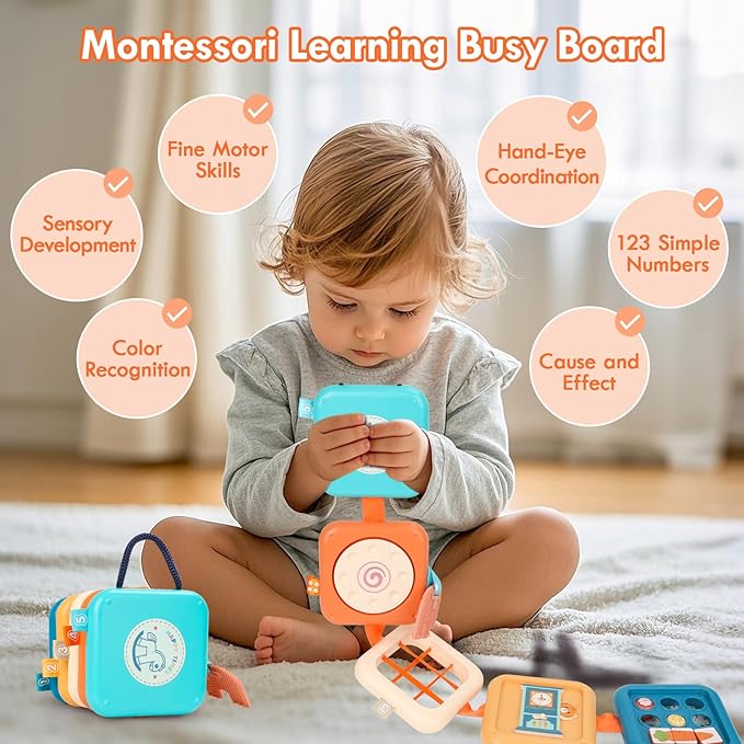 GRESEESM Busy Board Montessori Toy for 1 Year Old Boy Gifts, Travel Toys for Toddler 1-3, Sensory Activity Airplane Essential, Baby Boys Birthday Gift, Easter Basket & Stocking Stuffers