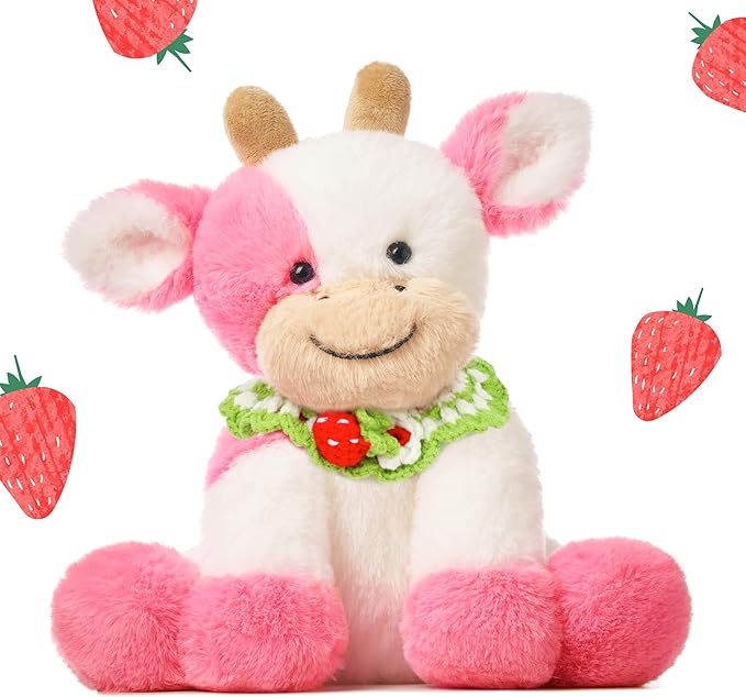 Hopearl Adorable Plush Cow Toy with Knitted Cute Strawberry Bib Floppy Dairy Cattle Soft Stuffed Animal Kawaii Gift for Boys Girls Kids Toddlers, Pink, 9''