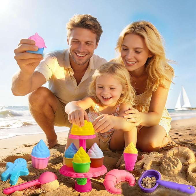 Beach Toys for Kids,Sand Toys 31Pcs Kids Sand Play Set,Castle & Dessert Molds with Collapsible Buckets, Sand Castle Building Kit,Shovels and Mesh Bag,Summer Outdoor Travel Toys for Toddlers Boys Girls
