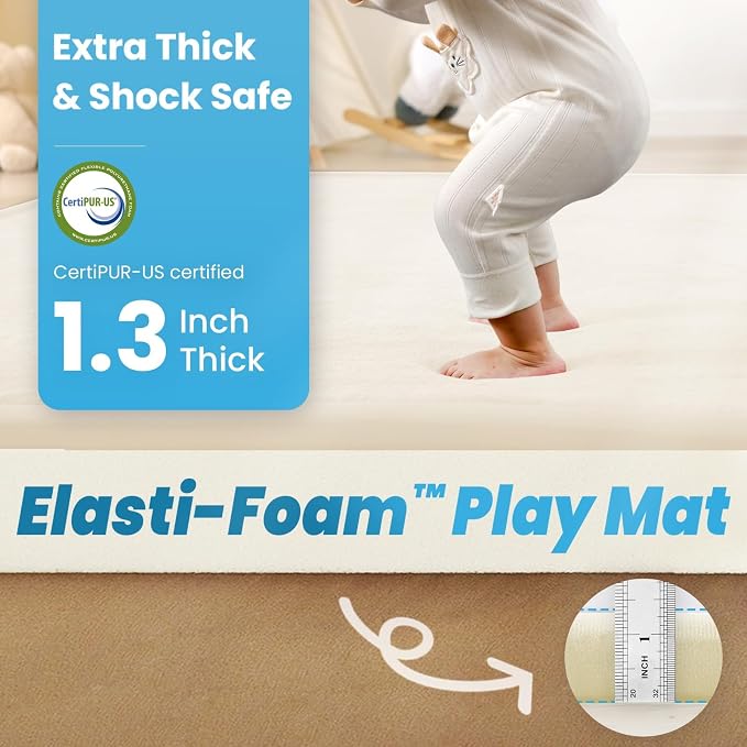 1.3" Thick Baby Floor Play Mat, 59x79 Padded Foam Tummy Time Crawling Mat, Non-Slip Water-Repellent Soft Plush Nursey Area Rug for Playroom Bedroom Living Room (Ivory)
