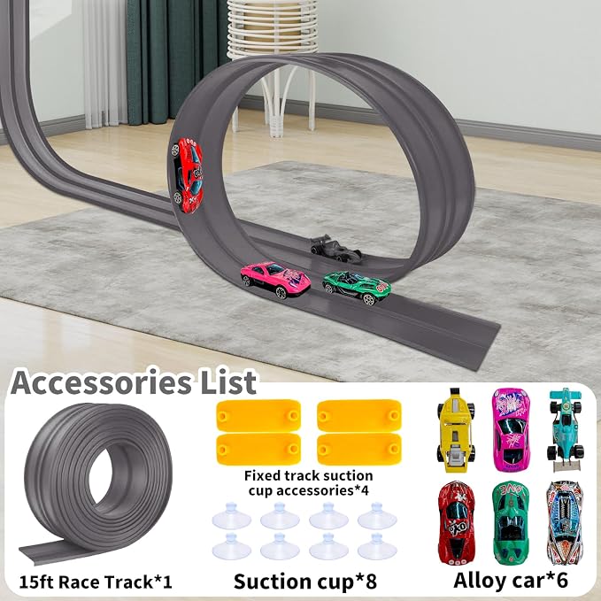 Flex Track Race Set for Kids, 15FT Starter Set Car Track with 4 Suction Cups and 6 Diecast 1/64th Cars - STEM Racing Toy for Boys & Girls Ages 3+ (Upgrade Orange) (Grey)