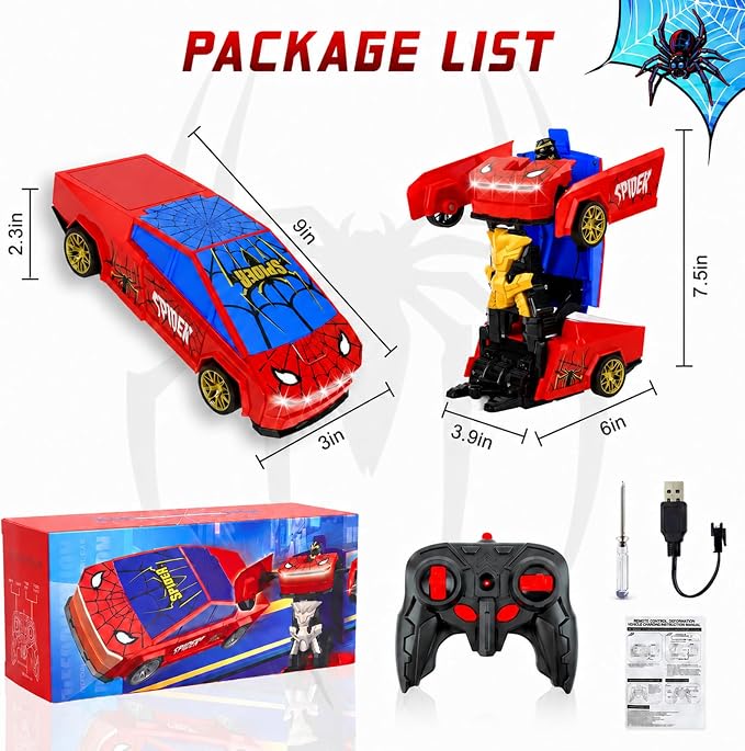 Spider Transform RC Car Toy for Boys 3-8, 2.4GHz Remote Control Cyber Hero Robot Car with LED Light, One-Button Deformation, 360° Drift Pickup Truck Toy Gift for Kids