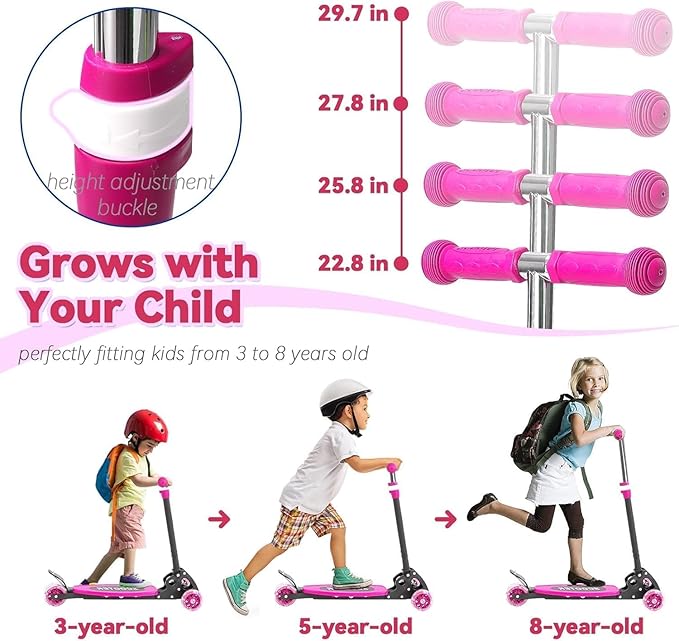 Scooter for Kids Ages 3-5, LED Light Up 3 Wheel Toddler Scooter with 4 Adjustable Heights, Lean-to-Steer Wheels, Safe Metal Brake, Foldable Kick Scooter for Boys Girls, Support 120 lbs, Birthday Gift
