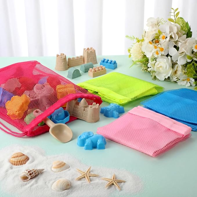 8 Pcs Beach Toys Bags Summer Mesh Seashell Collecting Bag with Handles Pool Party Gift Pouch for Market Grocery(Bright,Backpack)
