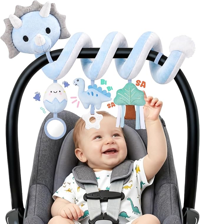 Stuffed Dinosaur Spiral Car Seat Toys Hanging for Babies 0-3 3-6 6-12 Months, Plush Infant Stroller Toy with Silicone Teether, Crinkle and Squeaker, Soft Cute Shower Gifts for Newborn Boys Girls