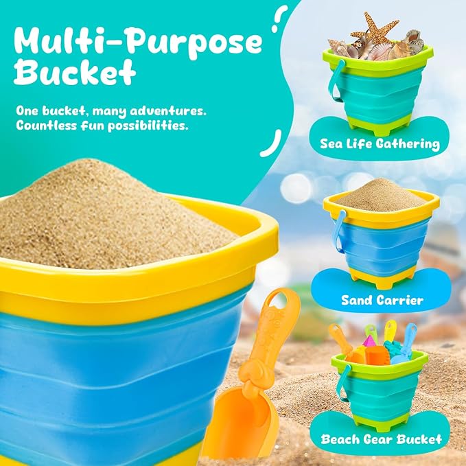 AuntyFey Collapsible Beach Toys for Kids Ages 4-8, Sand Toys for Toddlers Ages 3-4-8, Beach Toy Set with Collapsible Beach Buckets, Sandbox Toy for Kids with Castle Sand Mold and Large Shovels