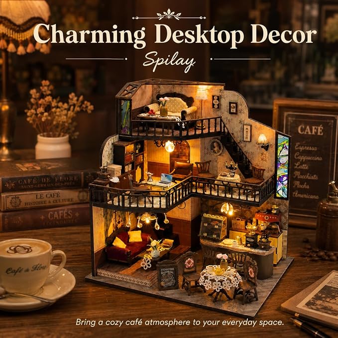 Spilay DIY Miniature House Kit for Adults, Miniature Dollhouse Building Kit | With Warm Light, Music Box & Dustproof Cover, Creative DIY Craft for Bookshelf Decor, Room Decoration & Gift Giving