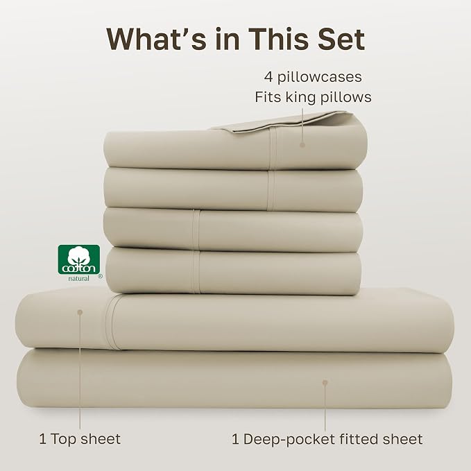 California Design Den 6 Piece King Size Sheets Set with 4 Pillowcases - Soft 400 Thread Count Sateen, 100% Cotton Sheets King Size with Deep Pockets, Durable Bedding Set - Beige