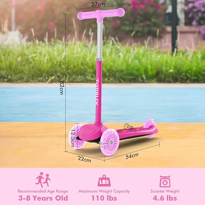 TONBUX Kids Scooter for Ages 3-5, Toddler Scooter with Light-Up Deck and Wheels, Adjustable 4-Level Height 3-Wheel Scooters for Kids, Lean-to-Steer Design
