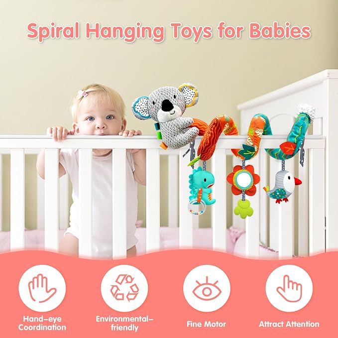 MONSTIME Car Seat Toys for Babies 0-6 Months, Newborn Toys Baby Toy 0-3 Months Stroller Toys, Infant Toy 0-6 Month for Carseat Stroller Crib with Mirror, Rattle, Teether for 0 3 6 9 12 Boys Girls
