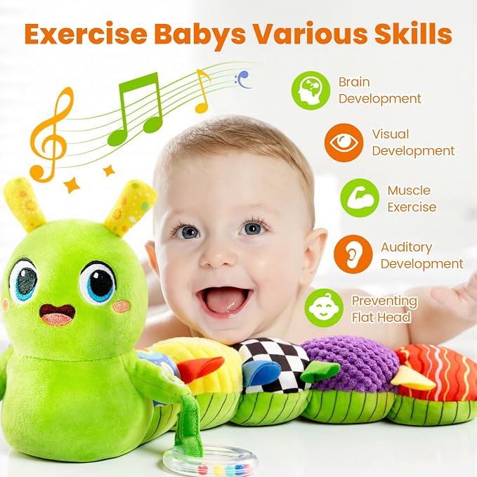 Baby Toys 0-6 Months, Washable Baby Musical Caterpillar Toys with 10 Children's Songs,Rattles,Teething Toys,Suitable for 0-6, 6-12 Months Infant Tummy Time Toy,Newborn Baby Boy&Gril Gifts(SoftGreen)