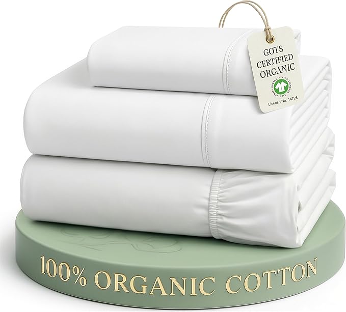 LANE LINEN 100% Organic Cotton White Twin XL Sheets Set 3-Piece Pure Percale Soft Bedding Breathable Fits Mattress Upto 15" Deep | GOTS Certified Organic Cotton Percale Twin XL Sheet Set - Naturally Cooling & Lightweight, Cool All Summer, Cozy All Winter