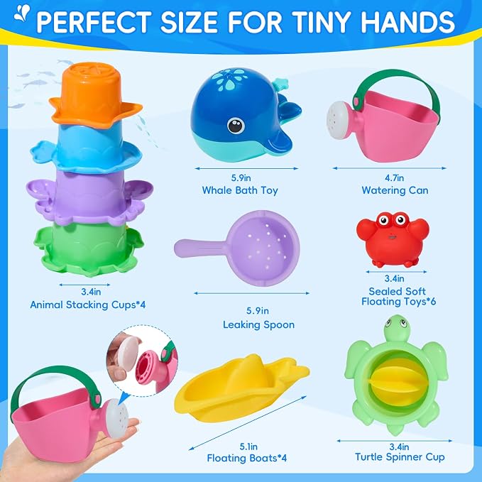 Baby Bath Toys for Kids Ages 1-3, 17PCS Mold-Free No Hole Bath Toys, Pool Water Table Toys, Toddler Bath Toy Set with Whale Sprayer, Boats & Stacking Cups, Easy Clean Bathtub Toys Girls Boys Gifts