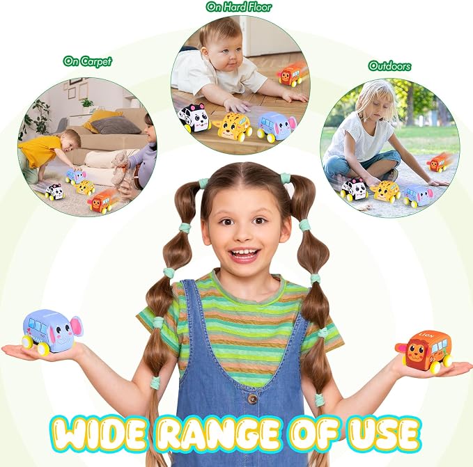 Jetbotell Soft Pull Back Vehicle Set for Toddler Toys Age 1-3 | 4 Cute Animal Cars | Vibrant Animal Designs | Safety & Easy Cleaning | Fine Motor Skills | Simply Pull Back and Release!