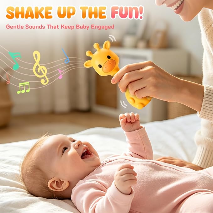 Baby Rattles Teething Toys 3-6 6-12 Month, Multi-Functional BPA-Free Silicone Teether Toys for Teething Relief & Sensory Rattle Play, Perfect Infant Newborn Toys & Baby Gifts (Yellow)