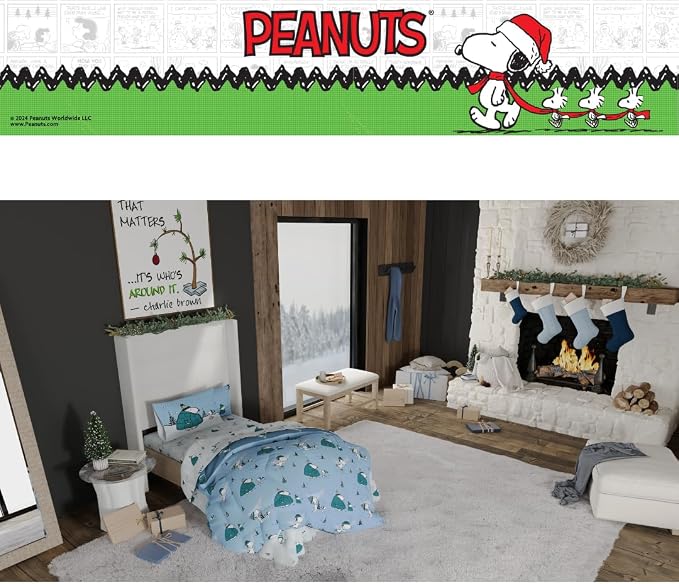 Collectibles Peanuts Snoopy Puffer Coat Holiday & Christmas Bedding Soft Comforter and Sheet Set with Sham, 5 Piece Twin Size, (Officially Licensed Product) By Franco