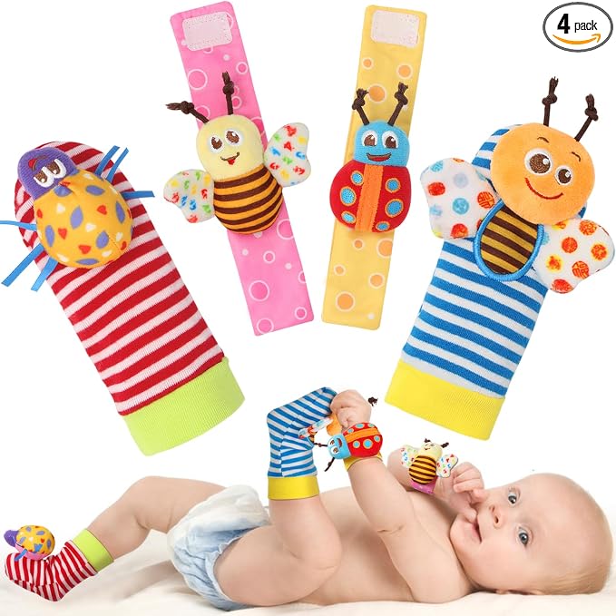 Bloobloomax Wrist Rattle Socks and Foot Finder Set, Infant Girl Boy Toys for Babies 0-36 Months, Newborn Hand & Foot Toys for 0 to 3 Years, Baby Shower Gifts Set (Dark Blue Gift Box)