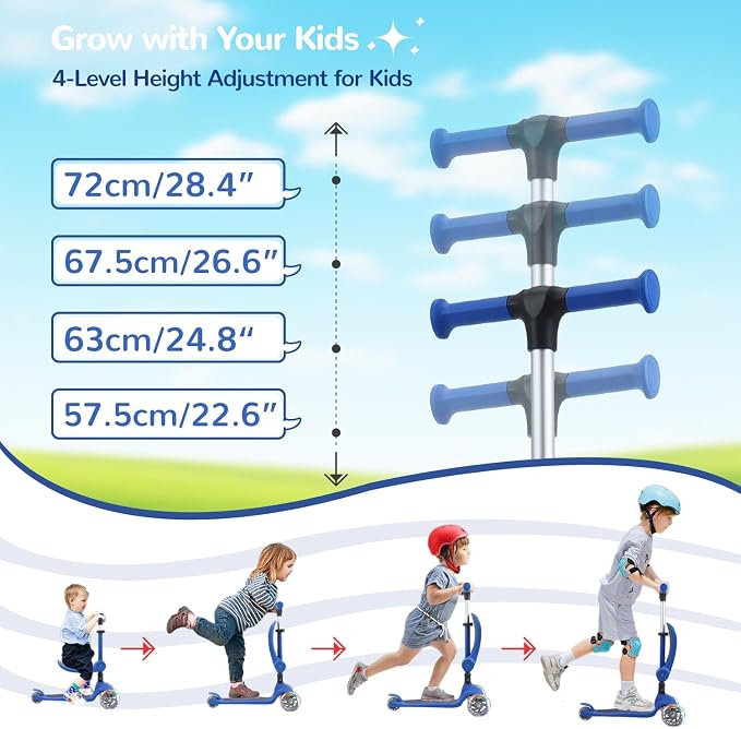 Stompa Kids Scooter 2-in-1 Light Up 3 Wheel Scooters with 4 Levels Adjustable Handlebar, Foldable Seat, Widen Non-Slip Deck for Girls & Boys Max 110 Lbs