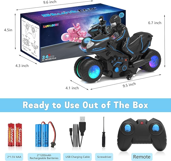 RC Motorcycle, Remote Control Motorcycle with RGB Wheels Lights - 360-degree Rotations, Drifts, High-Speed, RC Car Dirt Bike Toy for Boys 4-7 8-12 Years Kids