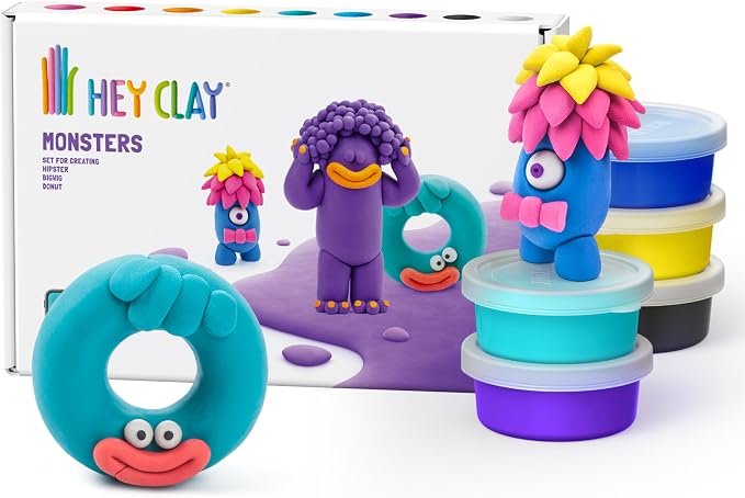 HEY CLAY Colorful Modeling Air Dry Clay for Kids 6 cans with Fun Interactive Instructions App - Kids Activities Age 3+ (Monsters: Hipster, Bigwig, Donut)