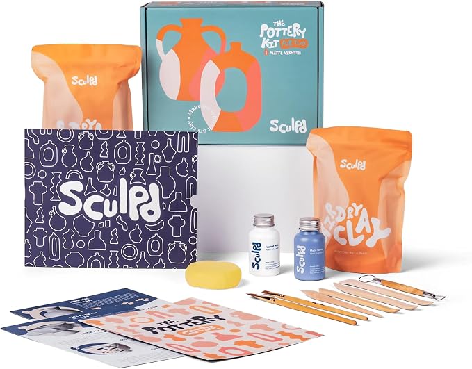 Sculpd - The Original Pottery Kit for Adults - Air Dry Clay for Adults, Tools, Varnish, Paints, Brushes, Couples Date Night Arts & Crafts Set, Matte Varnish