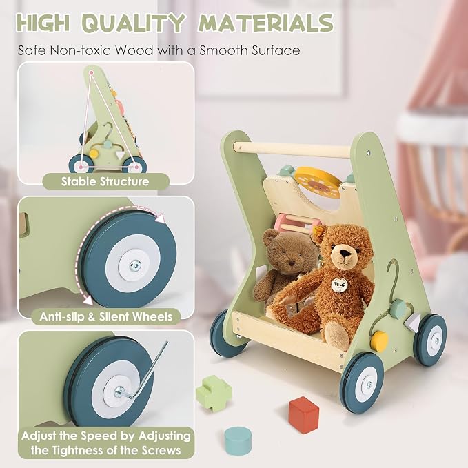 Baby Push Walker, Wooden Baby Walker with Wheels, Montessori Walker for Babies 12 Months, Adjustable Speed Push Walking Toys for Boys & Girls 1 Year Old, Christmas Birthday Gifts for Toddler