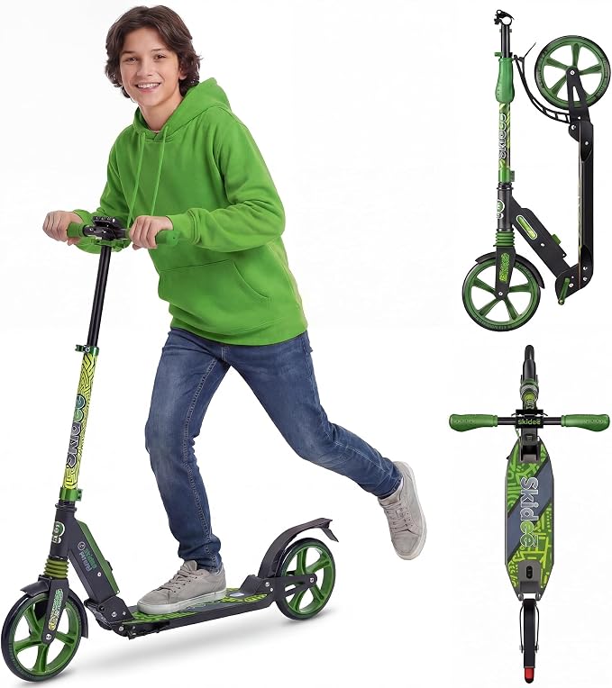 Skidee Adult & Teen Scooter Adjustable Height, Folding, Large Wheels, Lightweight, Durable, Anti-Shock Suspension, Up to 220 lbs
