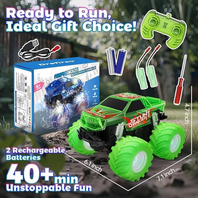 Drefirsa Amphibious Monster Truck Toy, Waterproof Remote Control Car, 4WD Off-Road RC Truck with Colorful Light, RC Stunt Car Toy for 4-7 8-12 Year Boy Birthday Gift Present