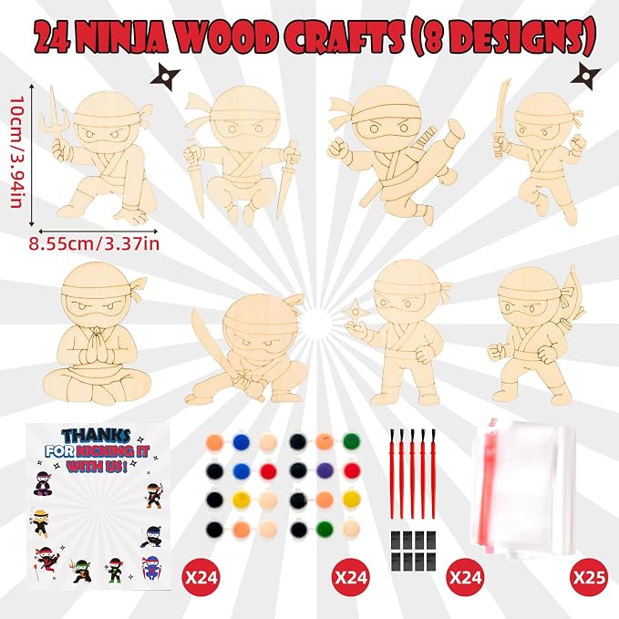 Bafeil 24 Set Ninja Party Favors - Paint Your Own Wooden Magnets Painting Kit for Birthday Party Decorations Party Supplies with Card, Goodie Bag Stuffers Back to School Classroom Return Gift