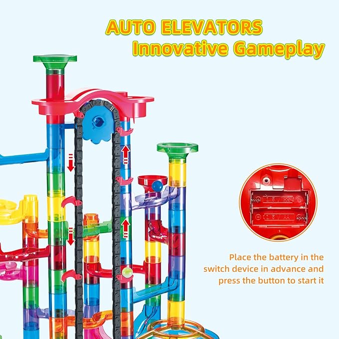 Tucrae 224 PCS Marble Runs Toys with Automatic Elevator Glowing Marble Maze Building Set STEM Puzzle Toys for 3 4 5+ Boys & Girls Children's Day, Christmas Easter Gifts(Containing 60 Marbles)