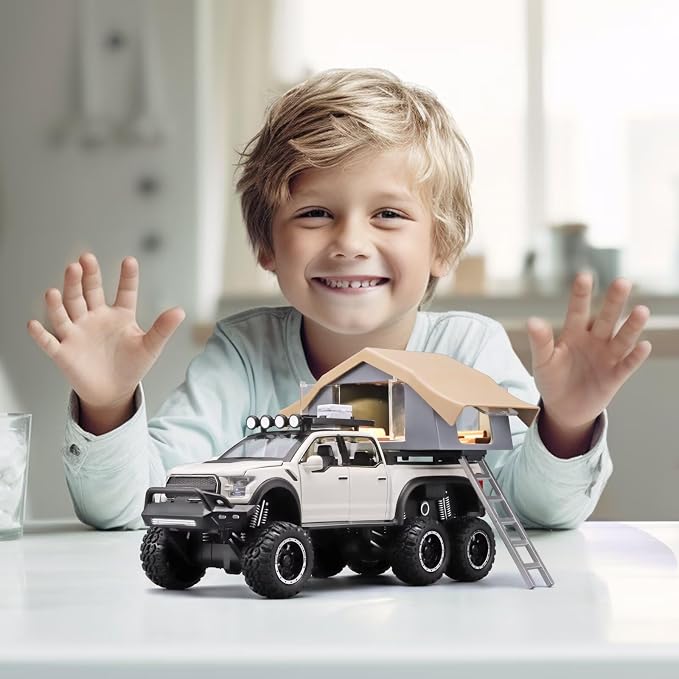 OANMYJJO Toy Trucks for Boys Age 4-7,Trucks for Kids F150 Diecast Truck,Model F150 Pickup Truck with Sightseeing Cabin,Pull Back Cars with Light and Sound,Trucks for Kids Ages 4-8（White）