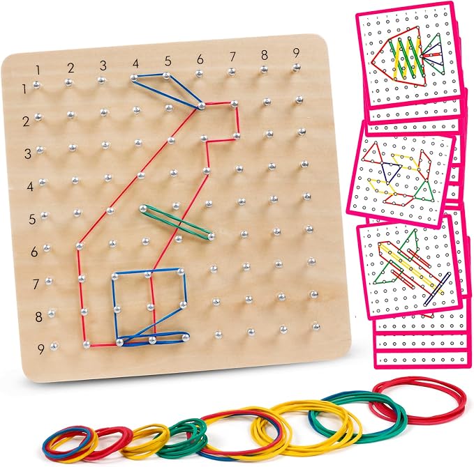 Wooden Geoboard with Pattern Cards & Rubber Bands, Montessori STEM Educational Toy for Kids 3-5 5-8 Years Old, Brain Teaser Puzzle Game for Geometry Learning and Creative Shapes