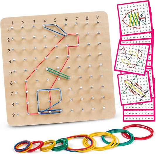 Wooden Geoboard with Pattern Cards & Rubber Bands, Montessori STEM Educational Toy for Kids 3-5 5-8 Years Old, Brain Teaser Puzzle Game for Geometry Learning and Creative Shapes