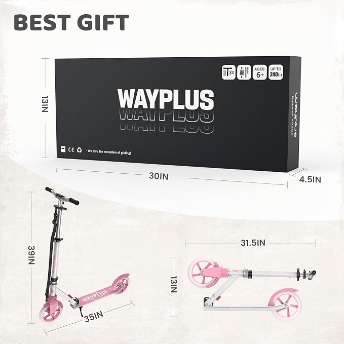 WAYPLUS KS1 Kick Scooter for Ages 6+,Kid, Teens & Adults. Max Load 240 LBS. Foldable, Lightweight, 8IN Big Wheels for Kids, Teen and Adults, 4 Adjustable Levels. Bearing ABEC9 FED Fitness