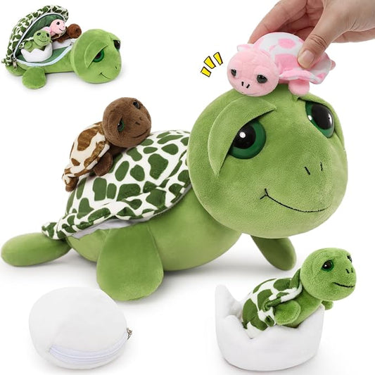 MorisMos Turtle Stuffed Animal with Babies Inside, 14'' Talking Mommy Turtle Plush with Babies & Eggs, 6PCS Interactive Sea Ocean Plush Toys Family with Gentle Voice, Big-Eyed Gift for Kids Girls